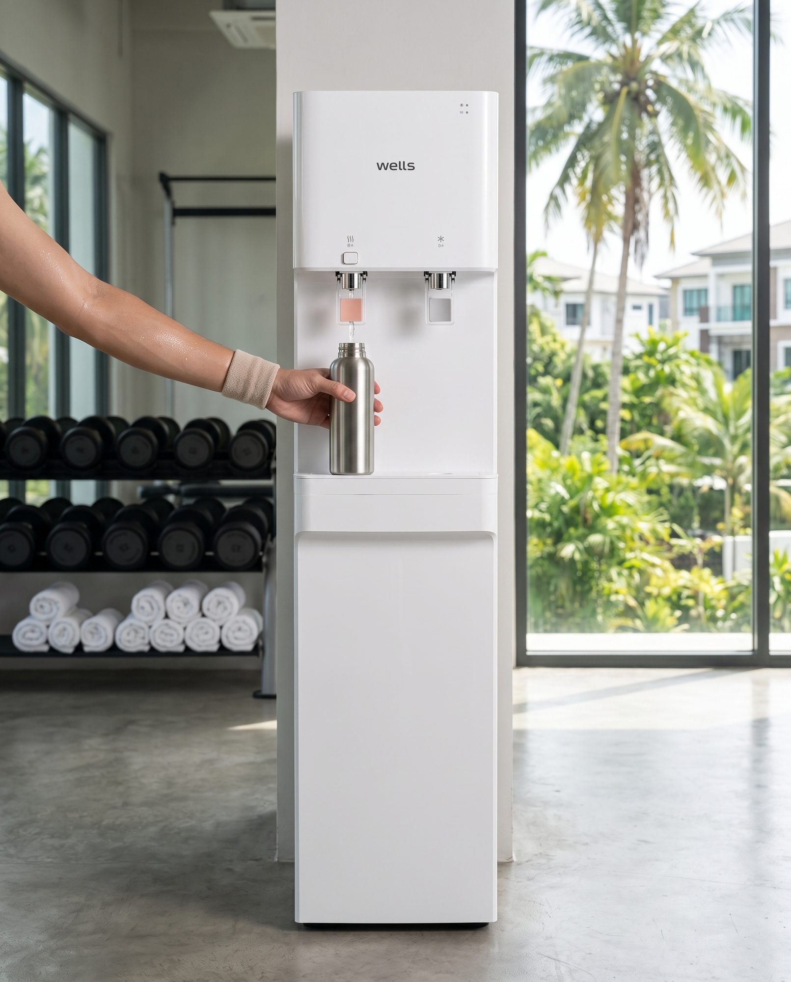 Wells standing dispenser in a gym